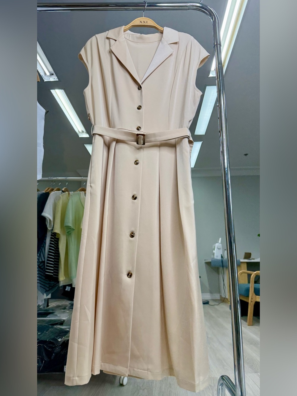 Elegant Champagne 100% Acetate Button-Front Midi Dress - Picture 3 of 7
